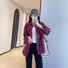 WTHEONE高颜值多巴胺复古红蓝格纹显瘦翻领长袖衬衫外套女2025秋