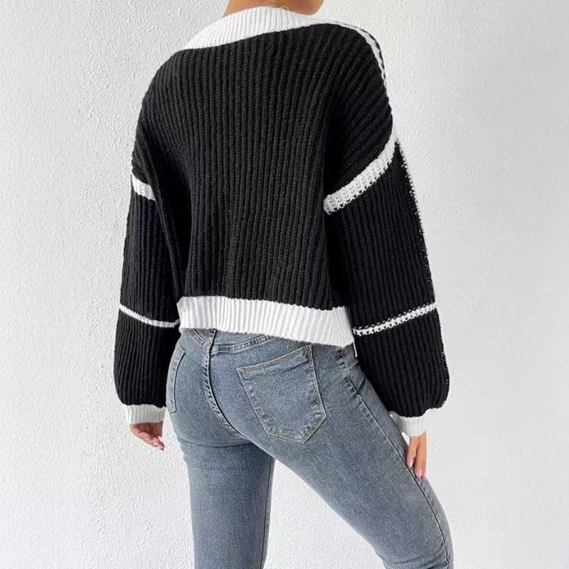 2025 ropa de mujer europea y americana comercio exterior transfronterizo jersey corto de punto color contrastante empalme rayas suéter suelto chaqueta pequeña mujer image 3