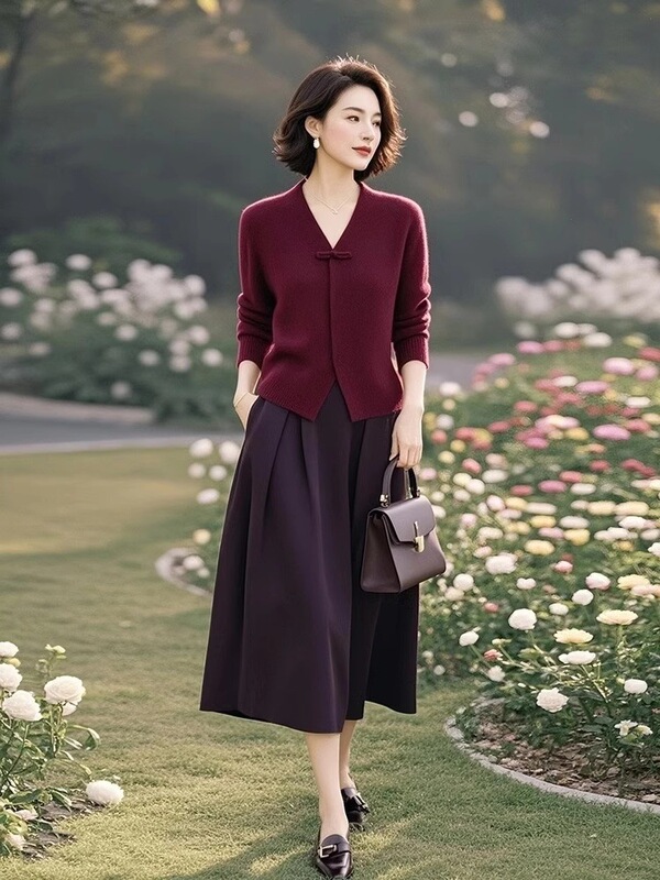 独特漂亮小个子国风减龄酒红色针织衫半身裙子2025年新款女装套装|undefined