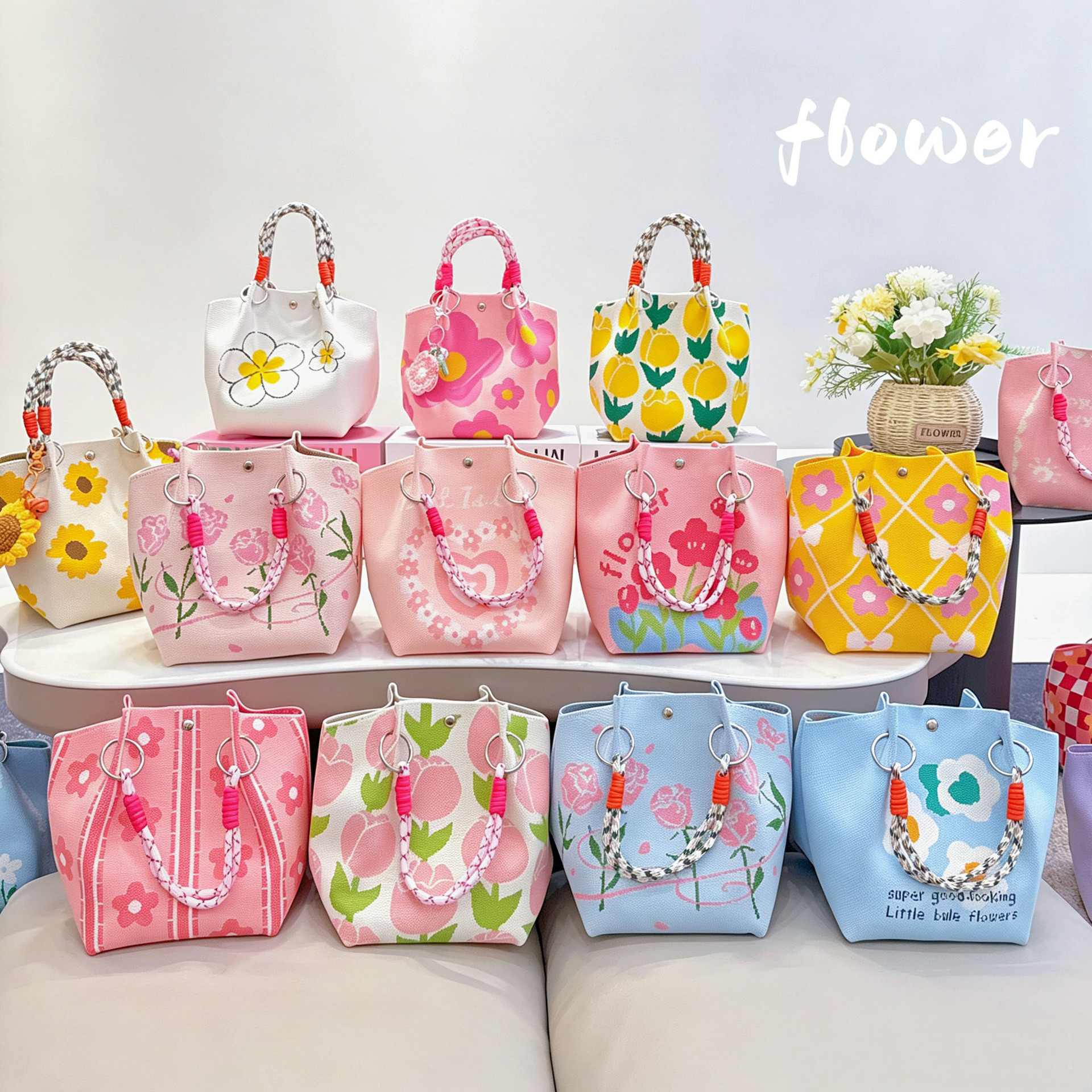 Floral Knit Ring Handle Structured Everyday Handbag 1