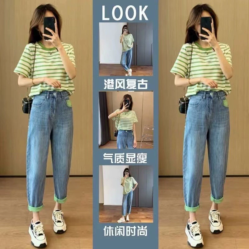 Летние эластичные джинсы-шаровары контрастного цвета для слегка полных нарядов, свежие зеленые полосатые брюки для папы с короткими рукавами больших размеров.