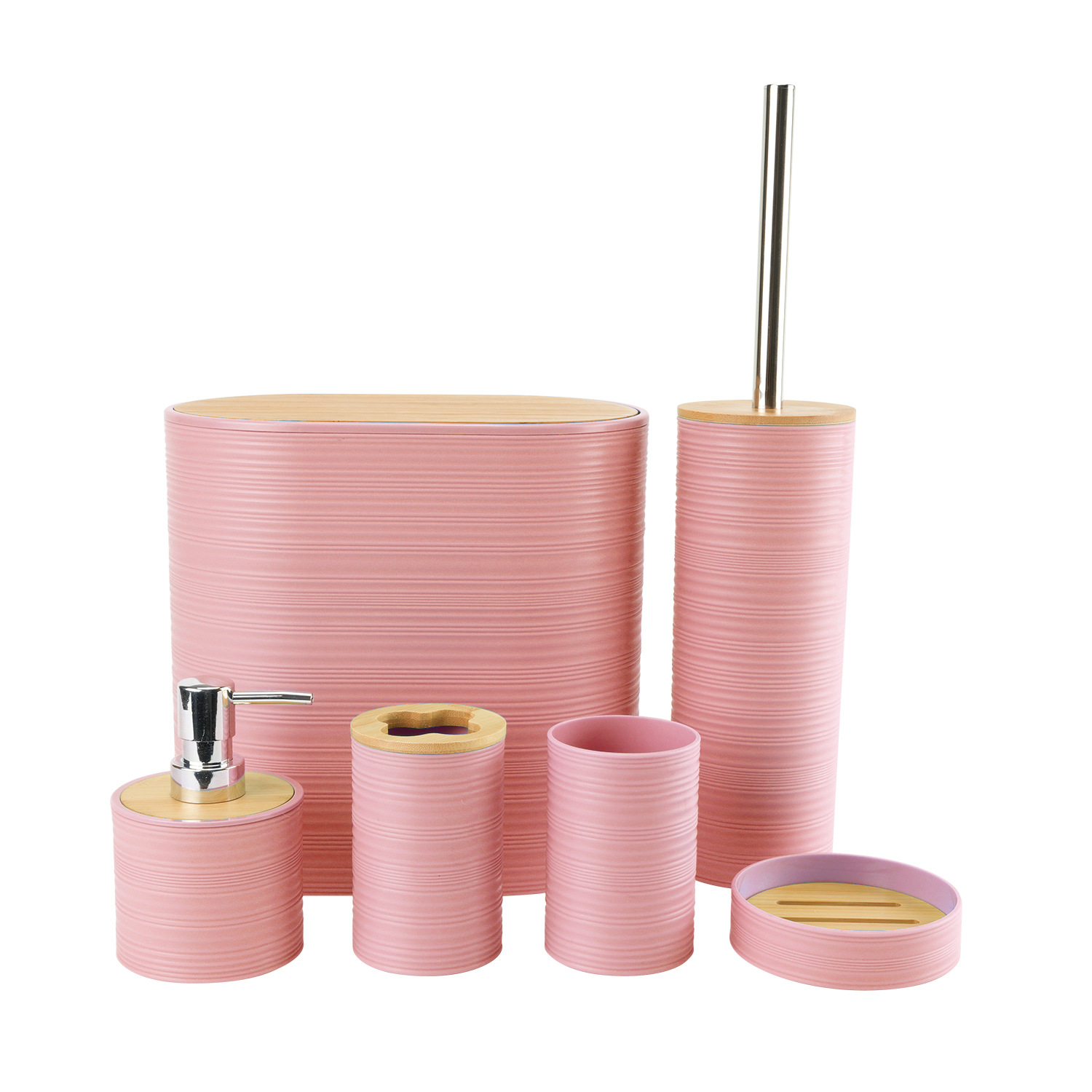 Tapa de bambú de patrón horizontal, baño, lavado de plástico, fabricante de seis piezas, almacenamiento de baño al por mayor, estante para enjuague, funda para cepillo de dientes