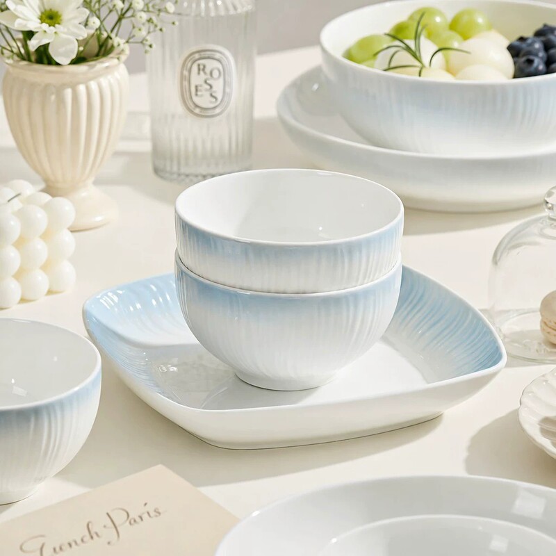 Jingdezhen Underglaze Color Gradient Smoke Blue Bowl, Exquisite Ceramic Tableware Set for Home Use, Heat-Resistant and Anti-Scalding Bowls and Plates