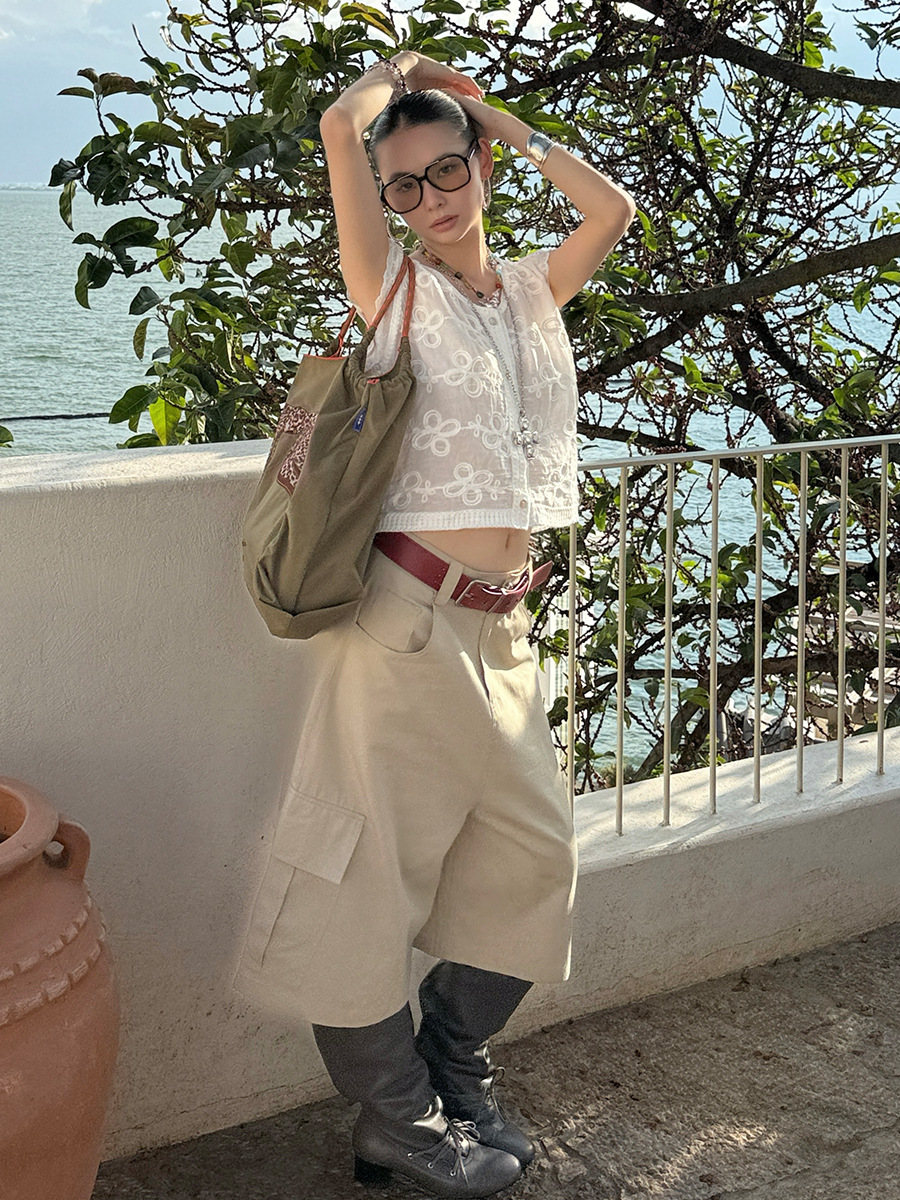 MMFISH pantalones cortos de bolsillo grande de la calle de moda, pantalones rectos, holgados, de cintura baja, piernas anchas, un mono 25K261