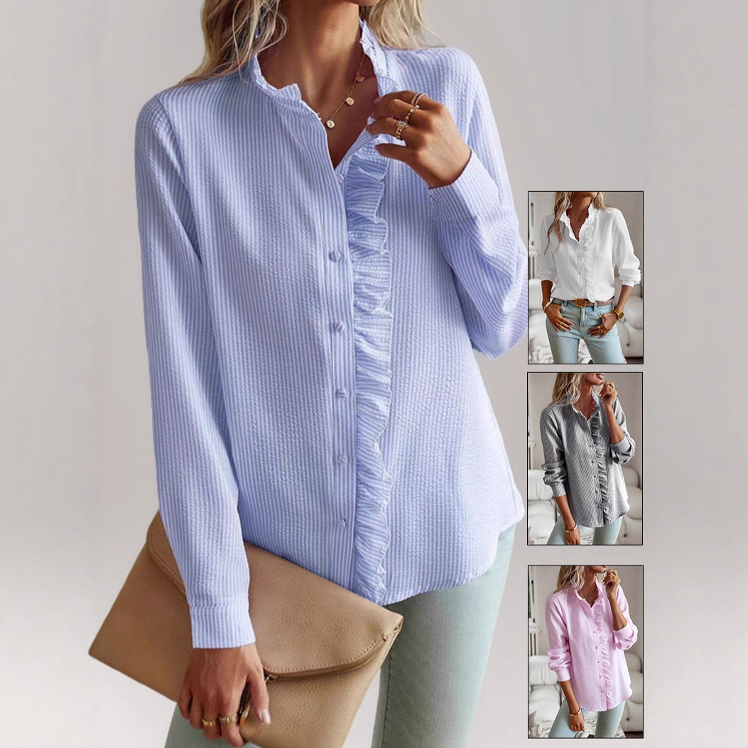 2025 New European and American Style Cross-Border Stand-Up Collar Autumn Ruffled Cardigan with Long Sleeves and Puff Sleeves Women's Shirt