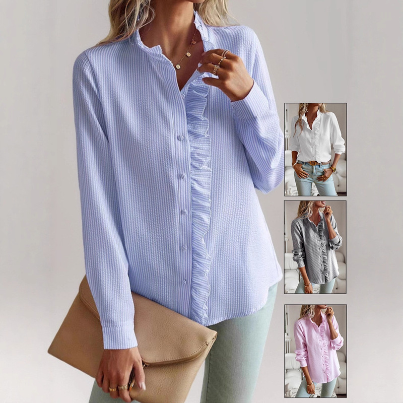 2025 New European and American Style Cross-Border Stand-Up Collar Autumn Ruffled Cardigan with Long Sleeves and Puff Sleeves Women's Shirt