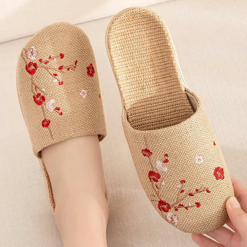 Linen Slippers Women's Summer Men's Couple Home Embroidered Non-slip Soft Bottom Indoor Household Cotton and Linen Floor Slippers
