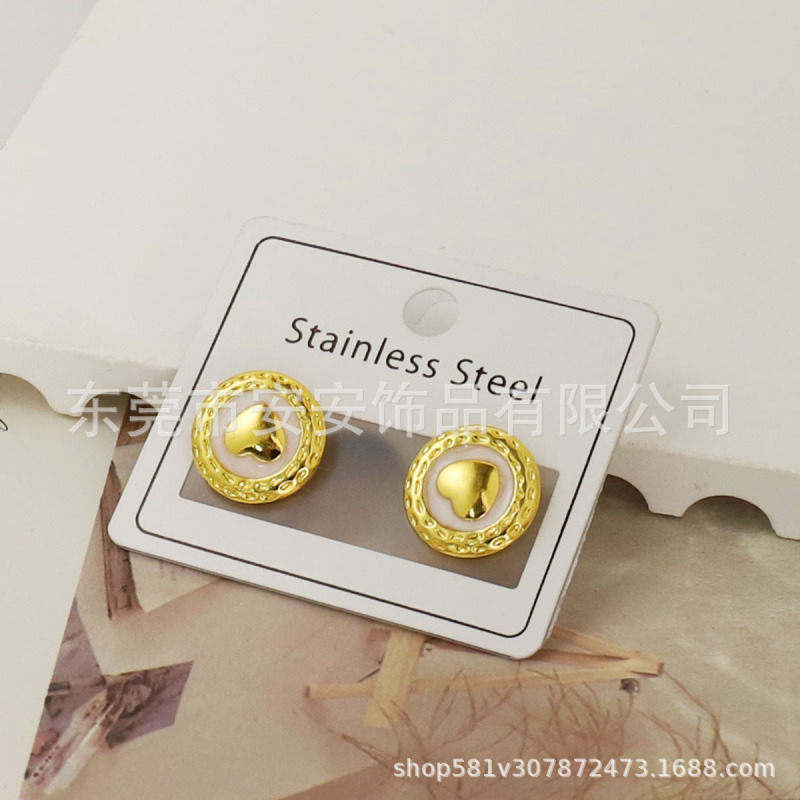 跨境轻奢高级感不锈钢方形白色滴釉爱心耳环女小巧精致时尚耳钉|undefined