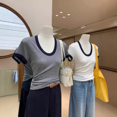 2025 夏ソフト通気性リヨセルウールスリム半袖 Tシャツスリム U 字型襟コントラストカラーカジュアルトップ女性のための