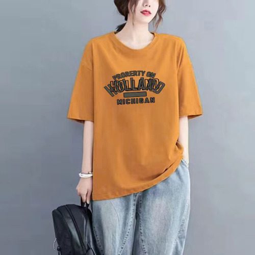 Summer New Arrival 100% Cotton Short Sleeve T-shirt for Women, Stylish and Fashionable, Plus Size, Versatile, Uncommon Round Neck Loose Top