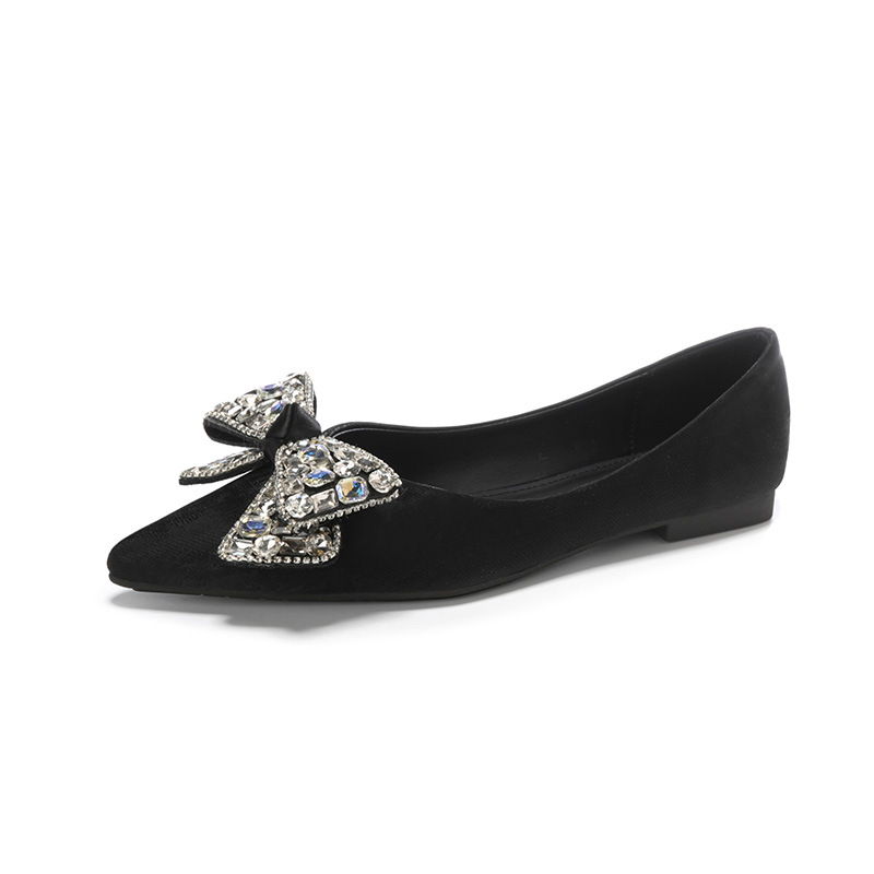 Pointed single shoe women's 2024 new shallow mouthed diamond bow evening breeze gentle matching skirt flat