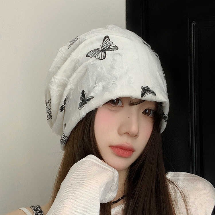 韩版蝴蝶刺绣堆堆帽秋冬新款帽子女复古百搭保暖包头帽显脸小冷帽|undefined