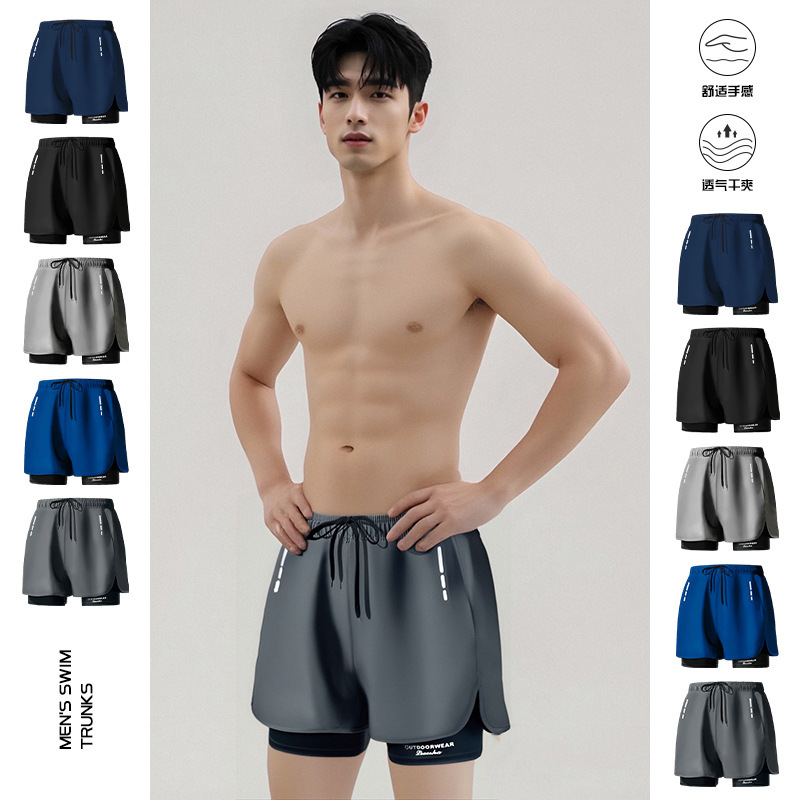 Beach Sports Badminton Dual-purpose Swimming Shorts Quick-drying Loose Men's plus size 5-point Swimming Trunks Fake Two-piece Customization
