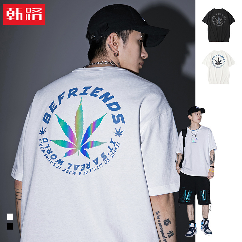 韩路日系男装 潮牌短袖T恤男2021夏新款反光炫彩枫叶印花纯棉体恤|ms