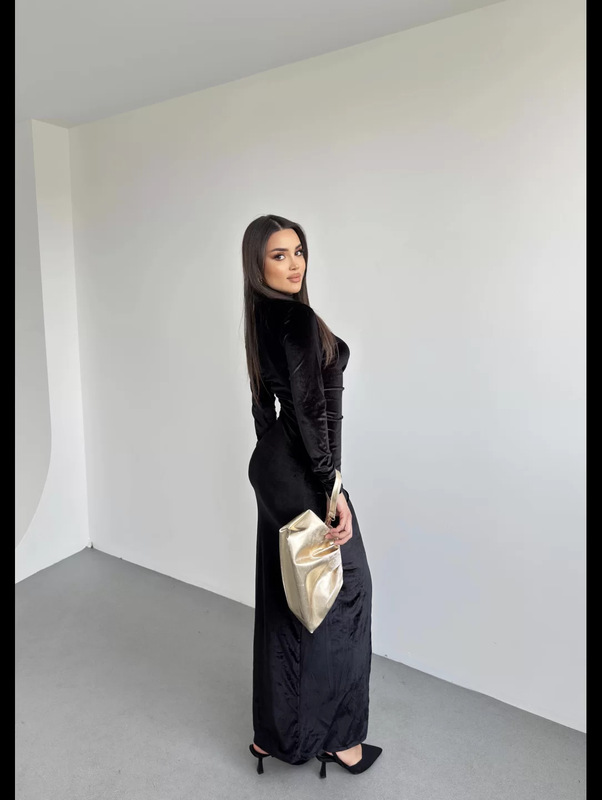 2025欧美风外贸女装秋季新款立领长袖不规则缩褶开叉金丝绒连衣裙|undefined