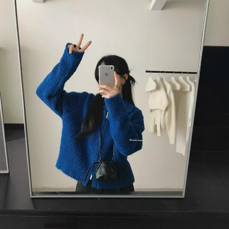 韩版圈圈毛翻领双拉链针织开衫女秋冬新款加厚短款宽松毛衣外套潮|undefined