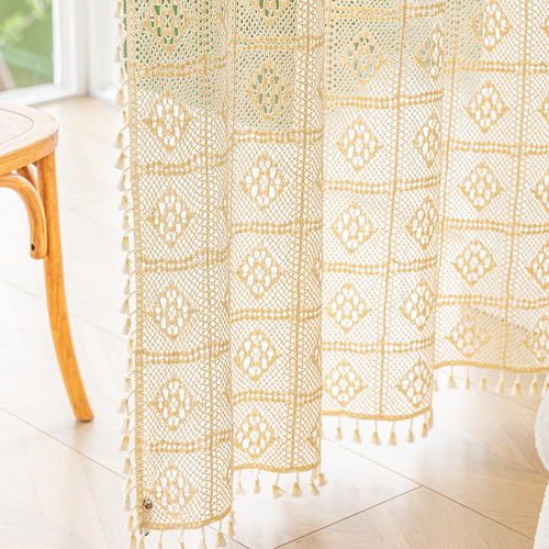 American style edited lace gauze hook needle beige sheer window curtain half-transparent living room balcony bedroom finished bay window