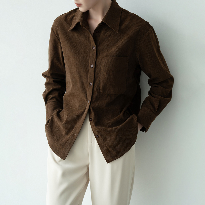 Corduroy Brushed Slimming Brown Warm Shirt for Women, Spring and Autumn Vintage Casual Commuting Thickened Layering Inner Shirt