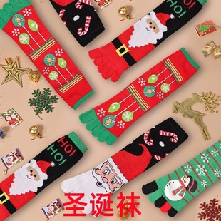 Five-Finger Socks Autumn and Winter Women's Long-Tube Cartoon Thickened Offset Printed Split-Toe Socks Warm and Sweat-Absorbent Amazon Cross-Border Christmas Socks