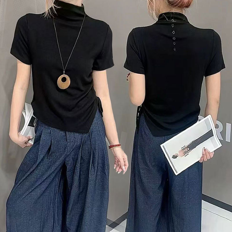 2025早秋新款休闲洋气半高领韩版百搭不规则条纹短袖T恤女打底衫|undefined