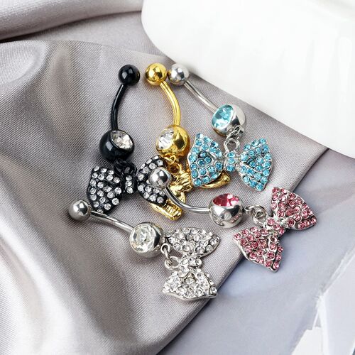 E-commerce Fashion Stainless Steel Bow Navel Piercing with Diamond-Encrusted Pendant Navel Ring – European & American Style Body Jewelry
