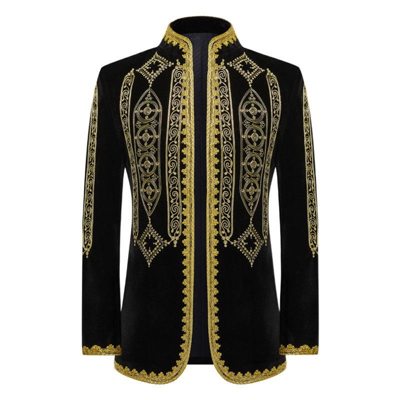 Retro men's European-style velveteen computer embroidered dress court coat black gold-inlaid opera stage performance clothing top