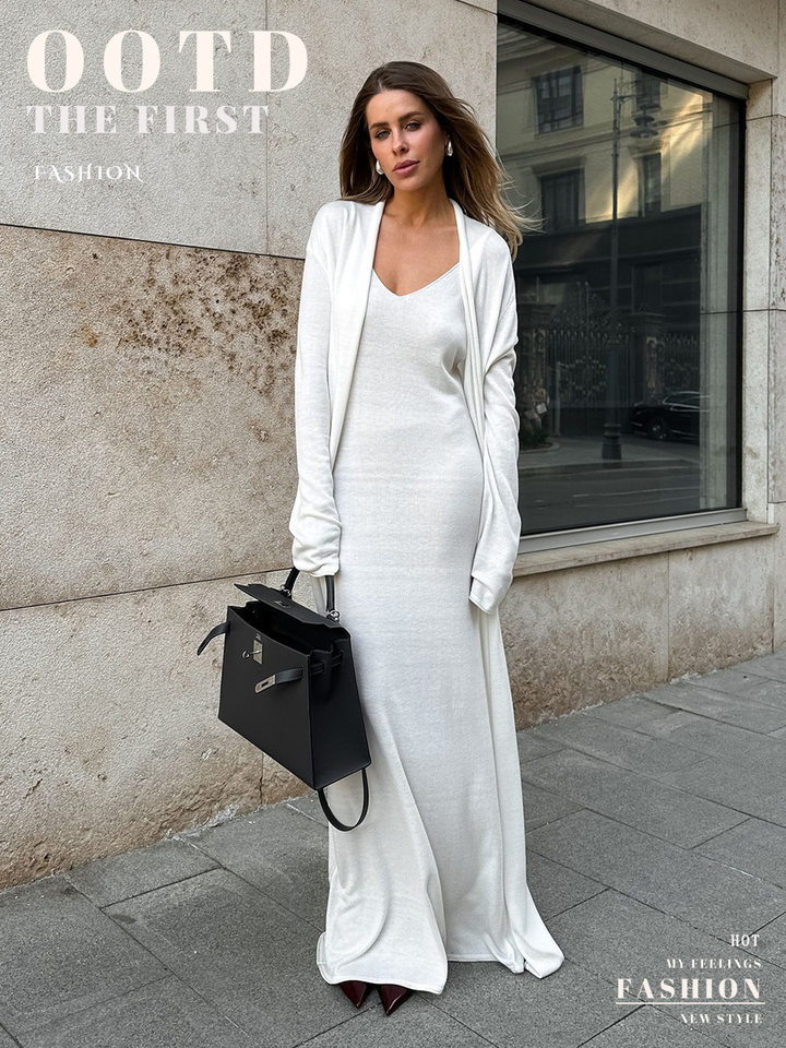 Bộ đầm dài kèm áo cardigan dệt kim dài tay nữ — Màu cà phê đậm, Màu hồng, Màu trắng, Màu xám chi tiết 1
