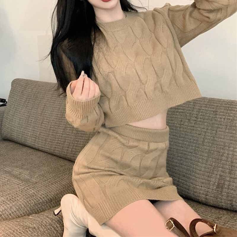 Autumn and Winter New Style Petite Women's Sweater Dress and Cardigan Set, Cable Knit Solid Color Versatile Soft Knitwear Outfit for Women