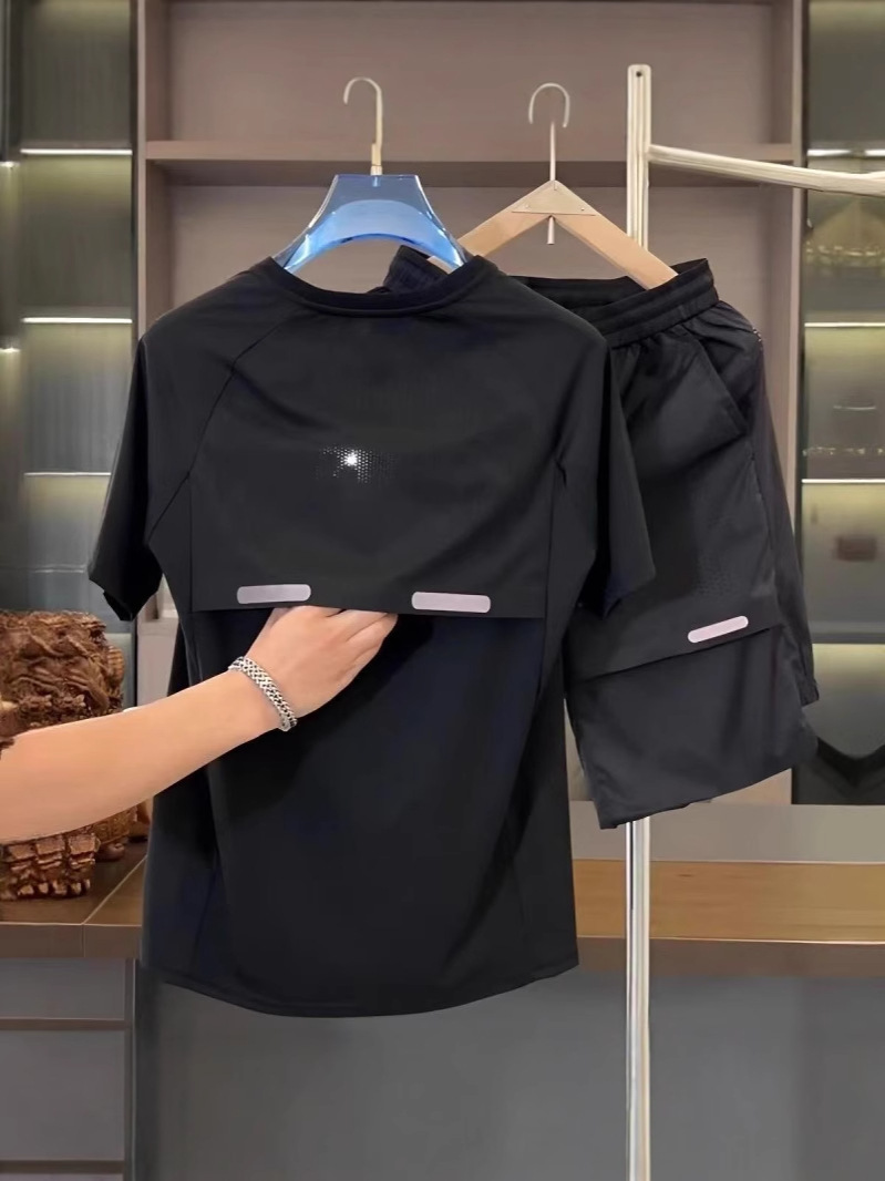 Summer Breathable Splicing Ice Silk Shirt Shorts Two-Piece Set for Men High Elastic Loose Quick-Drying Sports Casual Suit for Men