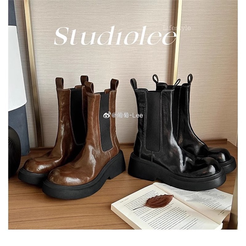 Grape Mom's Same Style, Heavy-Duty 6cm Textured Horsehide Elastic Band Thick-Soled Chunky Heel Short Chelsea Boots for Women