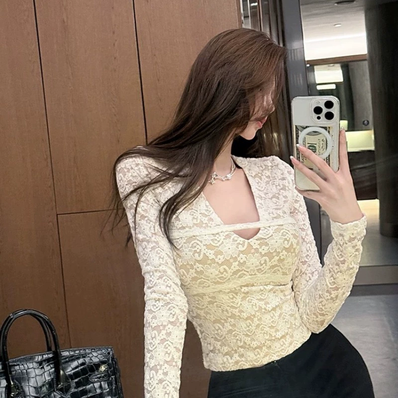 Сексуальная кружевная основа с длинным рукавом, V-образный вырез, slim fit