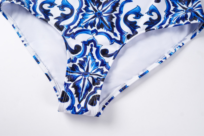 Women's One Piece Swimsuit Blue And White Porcelain Print European American Style Trendy Swimwear_ecoleips.com