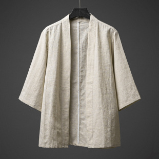 Summer 2023 Chinese style ancient style robe cotton linen linen Hanfu men's casual solid color half sleeve loose coat men