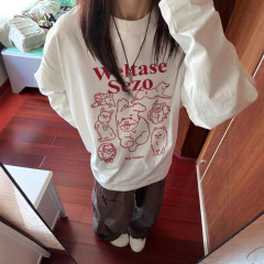 胖mm早秋穿搭纯棉大码长袖t恤卫衣女白色美式秋季宽松打底衫上衣