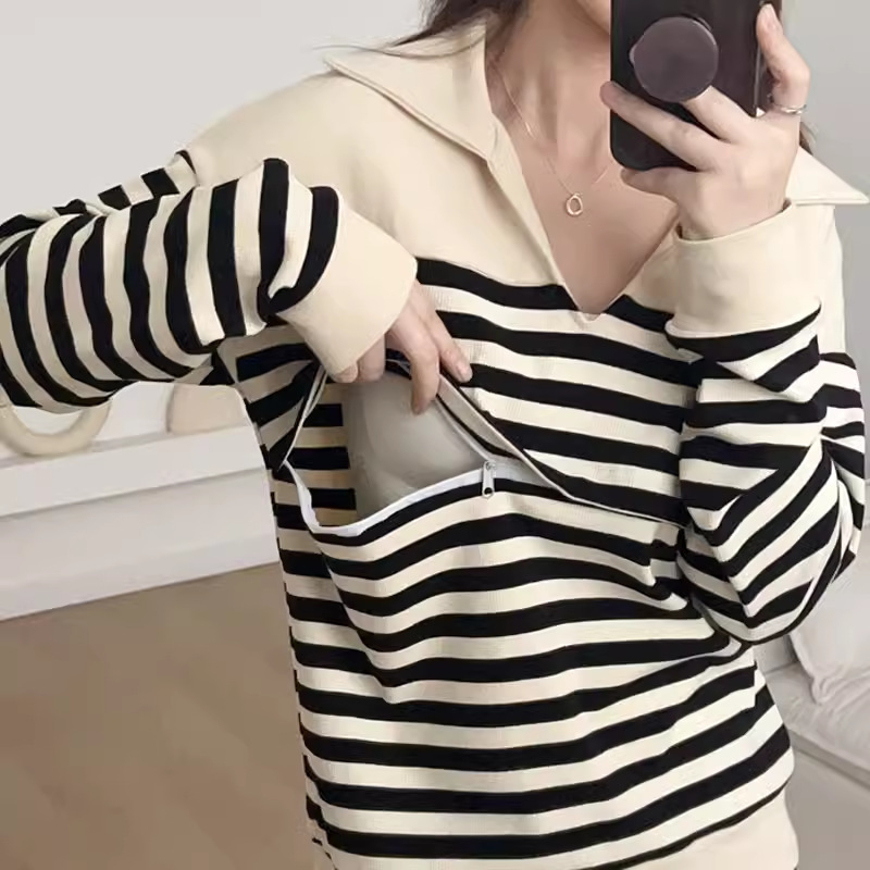 Pregnant Women Casual Knitted Striped Long Sleeve Spring and Autumn Breastfeeding Top 2307