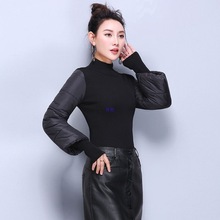 配皮草马甲的羽绒棉袖打底衫女冬中长款高领毛衣女黑色修身内搭潮