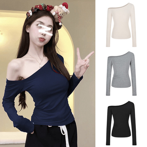 Pure Desire Hot Girl Body Shaping Slimming Off-the-Shoulder Long Sleeve T-Shirt Women Early Autumn Design Sense Versatile Base Shirt Student Top