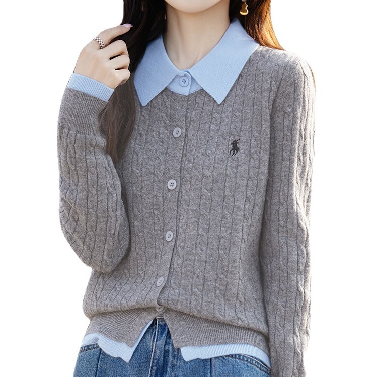 100% Pure Wool Cardigan for Women, Polo Collar Loose Jacket, Solid Color Knitted Cashmere Faux Two-Piece Top, New Autumn Style