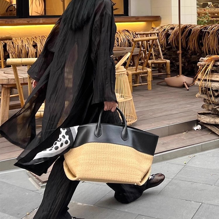 Ke2024 Summer Large Capacity Color-Block Handbag Raffia Handwoven Bag Women's Tote Commuter Large Bag Handheld