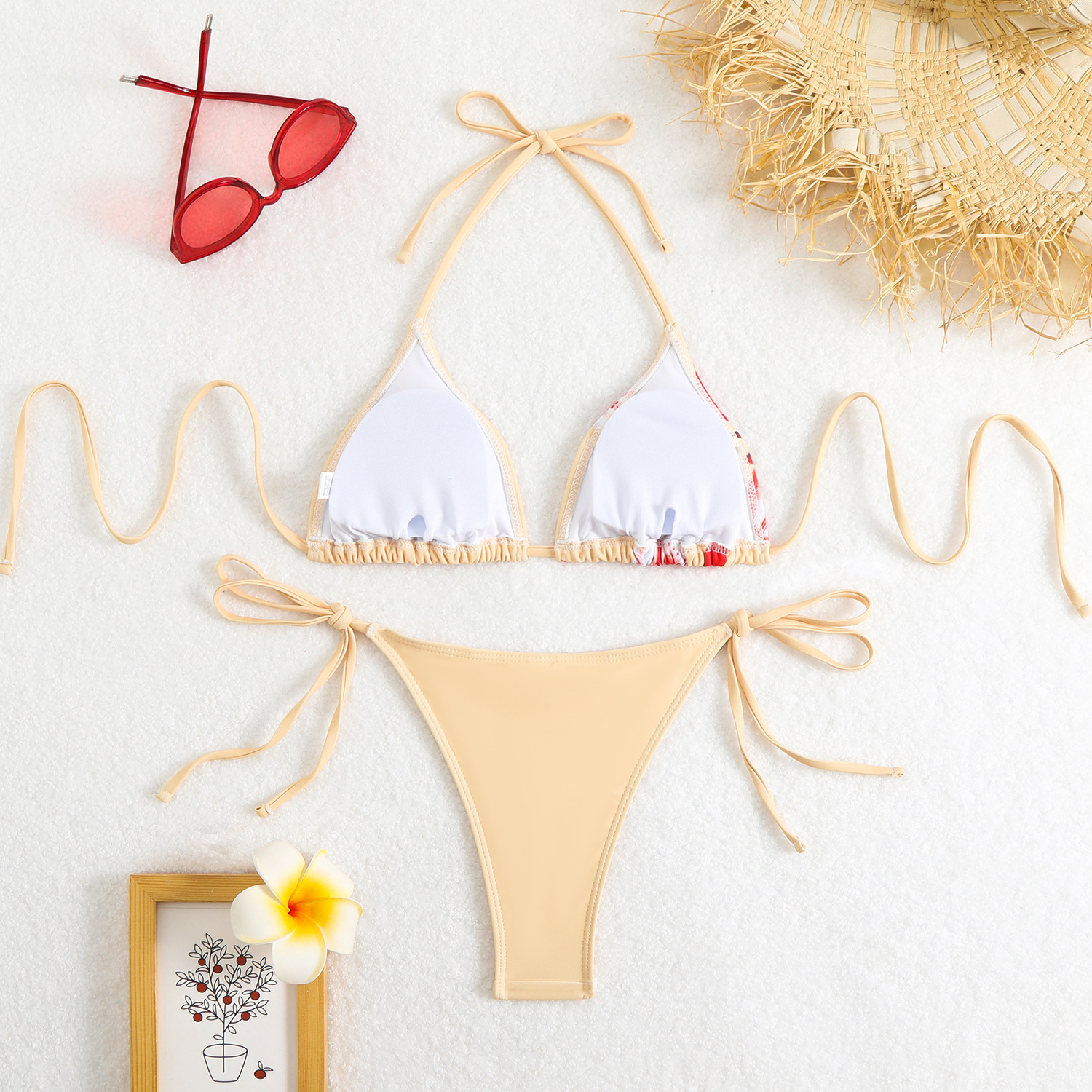 84g Weight Sexy Feel Of Sensation Bikini Panties Style Polyester Fabric Type 2 Pieces Set Quantity Swimming Pool, Beach Occasion Flower Pattern Women's Gender Women's Flower 2 Pieces Set Bikinis Swimwear 9