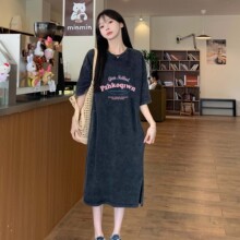 小众设计感水洗做旧过膝长裙体恤裙女美式洗水复古纯棉宽松裙子潮
