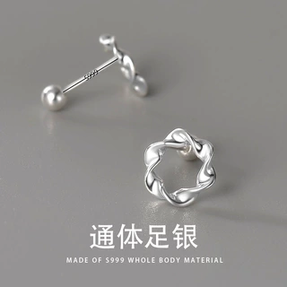 s999纯银时尚通勤OL几何圆形拧螺丝耳骨钉饰品耳环耳钉通体纯银女