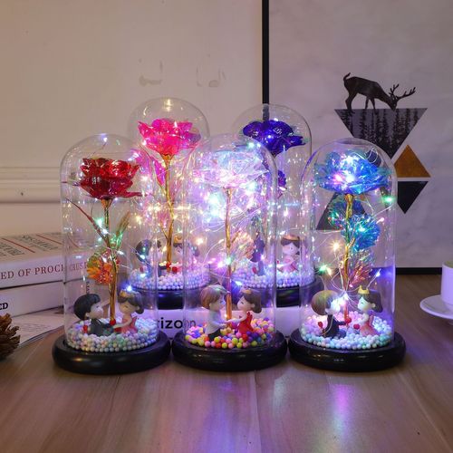 Eternal Rose Glass Cover Chinese Valentine's Day Street Stall Gift Colorful Gold Foil Flower Color Gold Simulation with Lights