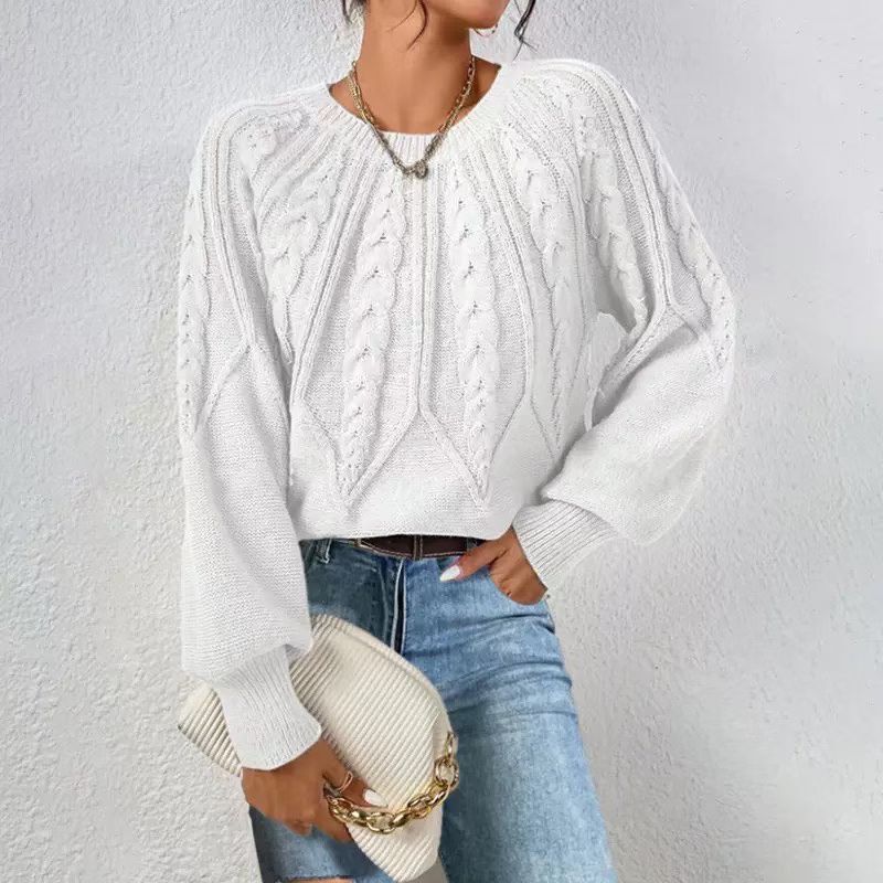 Round-neck knitted sweater Amazon pullover foreign trade long-sleeve cable knit solid color autumn and winter versatile knitted top for women Round-neck knitted sweater Amazon pullover foreign trade long-sleeve cable knit solid color autumn and winter versatile knitted top for women