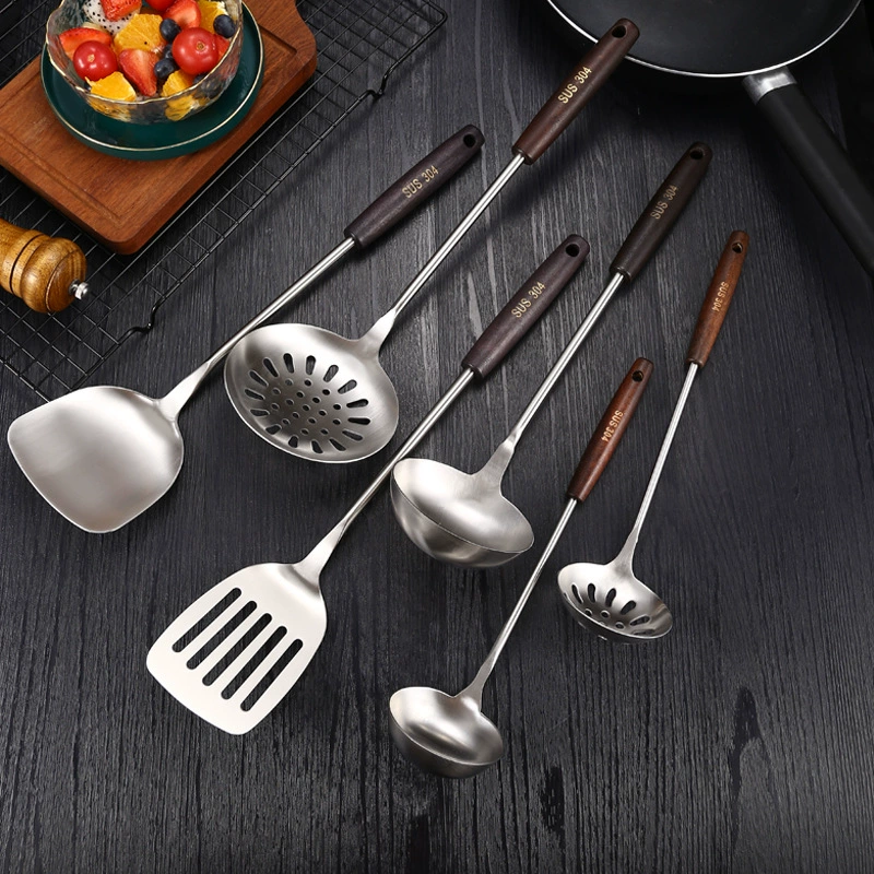 Нержавеющая сталь 304 ретро черный деревянная ручка кухонный набор spatula большого размера, большой утечка ложка для супа, сковорода кухонные принадлежности