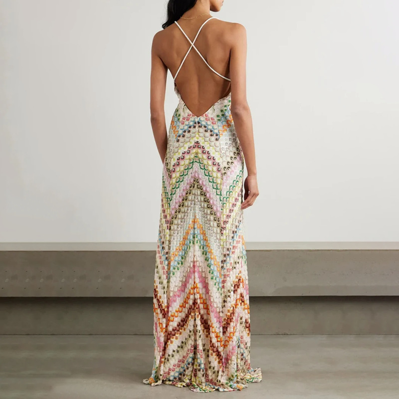 Bohemian Style Bodycon 2025 New Model V-neck Strapless Sleeveless Waist-cinching Slimming Printed Long Dress For Women_ecoleips.com