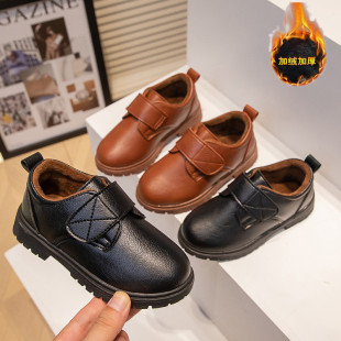 2024 spring, autumn and winter new matte Velcro black boys' leather shoes fleece-lined breathable British small children's shoes