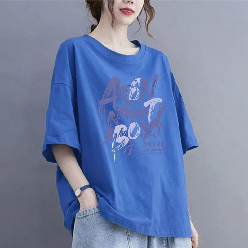 100kg 夏大きいサイズの純綿 Tシャツ半袖ルーズお腹カバーシャツアウターウェア痩身カバーフlesh ラウンドネックトップ女性用|undefined