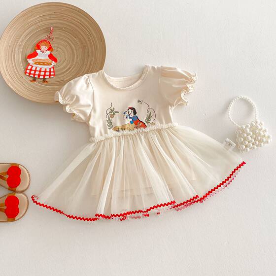 Girl's Cartoon T-Shirt Dress 2025 New Summer Baby Girl's Styish Mesh Princess Dress Trendy Children's Korean Style Dress