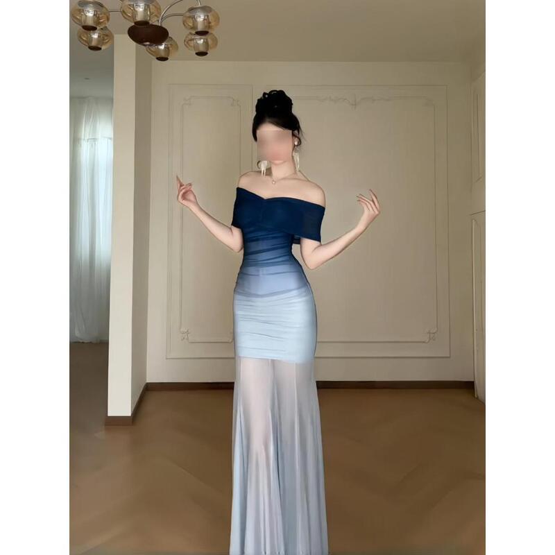 Gradient Color-Blocking Design One-Shoulder Dress for Women, New Summer Style, Beach Vacation, Mesh Fabric, Slim-Fit Long Dress Gradient Color-Blocking Design One-Shoulder Dress for Women, New Summer Style, Beach Vacation, Mesh Fabric, Slim-Fit Long Dress